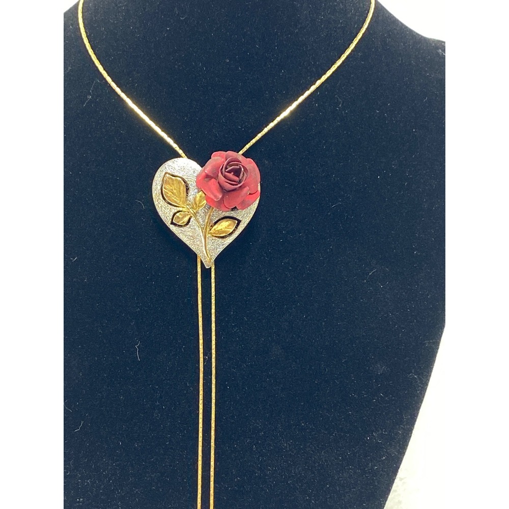 Heart Rose Lariat Necklace Gold Tone Dainty Valentines Sweetheart